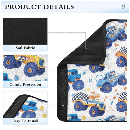 BabyOneStop Seat Belt Covers 2 Pack Cute Monster Trucks Print Flannelette Cotton