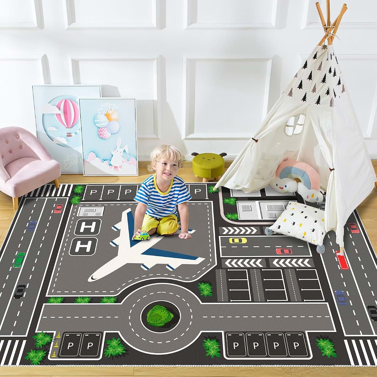 Airport Airplane Runway Playmat Rug for Children's Room and Classroom Use