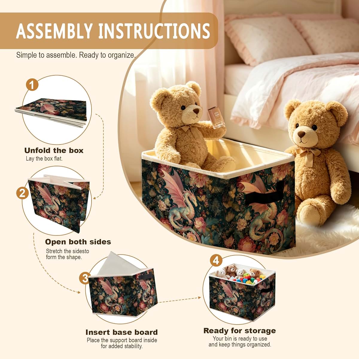 Wpqthip Floral Dragon Storage Bin for Nursery and Room Organization