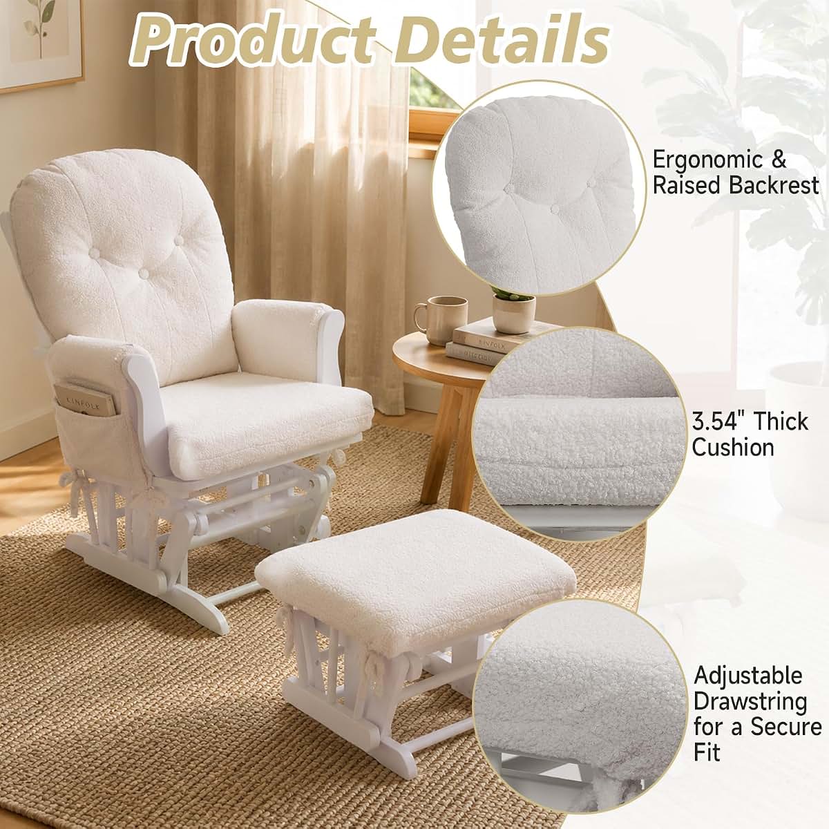 Boshen 5-Piece Glider Rocker Replacement Cushions With Ottoman Cover, Cream (photo 4)