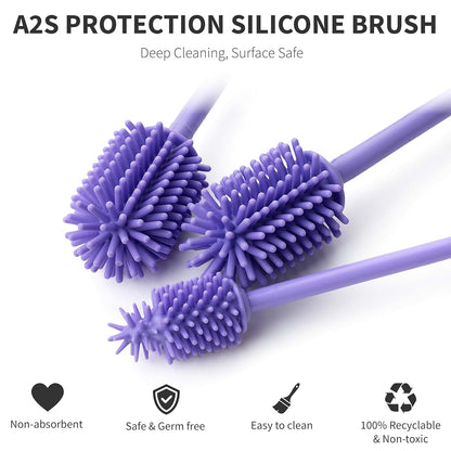 A-Brush Silicone Bottle Cleaner Brush, 3 Piece Set, Long Handle - Water Bottle Cleaner, Baby Bottle Nipple Brush for (photo 4)