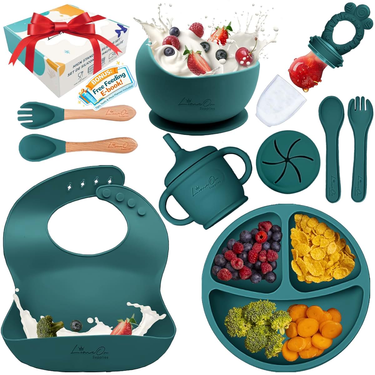 LimeOr Supplies Silicone Baby Feeding Set, 14PCS, Baby plates and bowls Set - Silicone Bibs