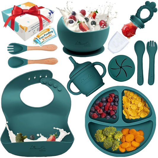 LimeOr Supplies Silicone Baby Feeding Set, 14PCS, Baby plates and bowls Set - Silicone Bibs