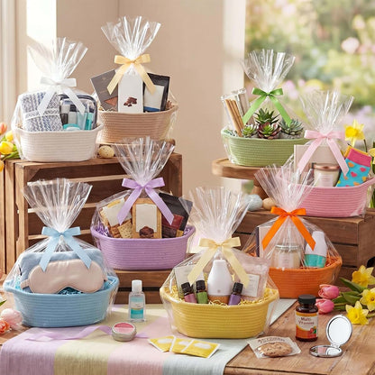 Hoolerry 8 Set Small Woven Gift Basket With Bag Bow Raffia Pastel Cotton Rope Storage Box With Handle, 12 X 8 X 5 Inches
