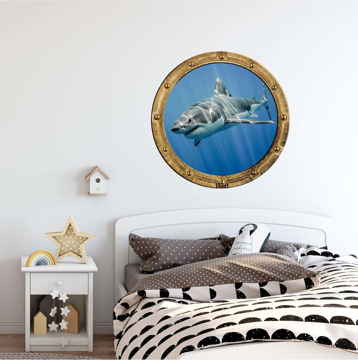 Stickit Graphix 24" Porthole 3D Window Wall Decal Shark #4 RUSTIC Port Scape Jaws Great White Megalodon Instant Under