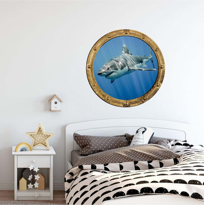 Stickit Graphix 24" Porthole 3D Window Wall Decal Shark #4 RUSTIC Port Scape Jaws Great White Megalodon Instant Under