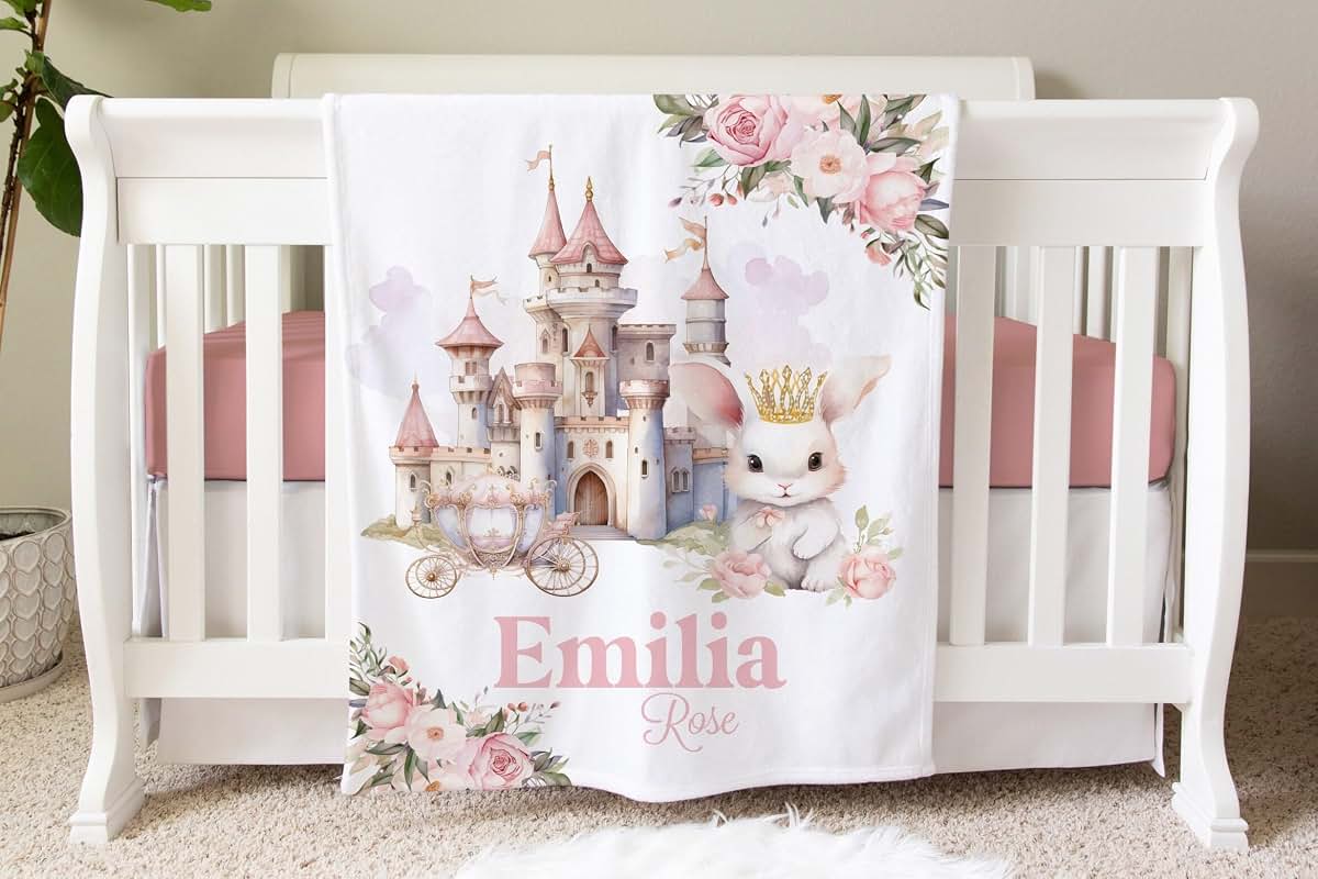 ZEBRA88 Baby Girl Personalized Blanket, Princess Easter Infant Blankets, Personalized First Easter Gift, Bunny Blanket