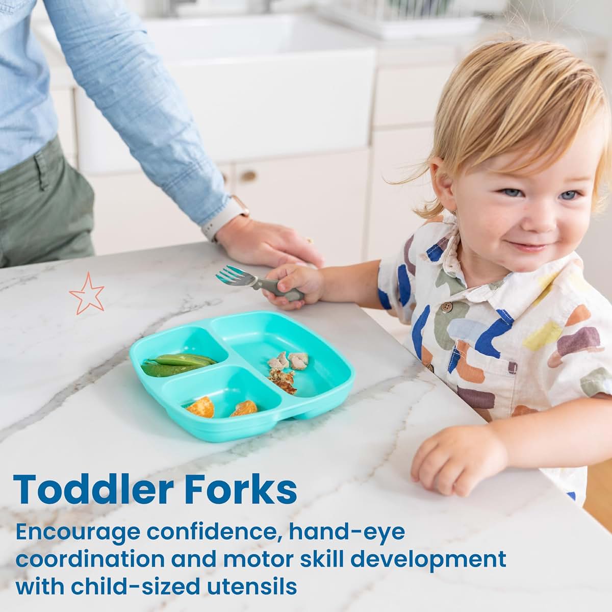 ECR4Kids My First Meal Pal Stainless Steel Forks, Toddler Silverware, White, Light Grey, 3-Pack