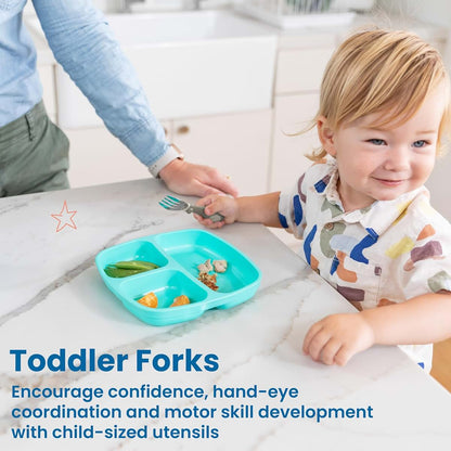 ECR4Kids My First Meal Pal Stainless Steel Forks, Toddler Silverware, White, Light Grey, 3-Pack