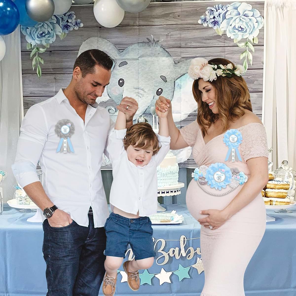 Joymemo Blue Gray Elephant Maternity Sash Kit With Corsage Pins