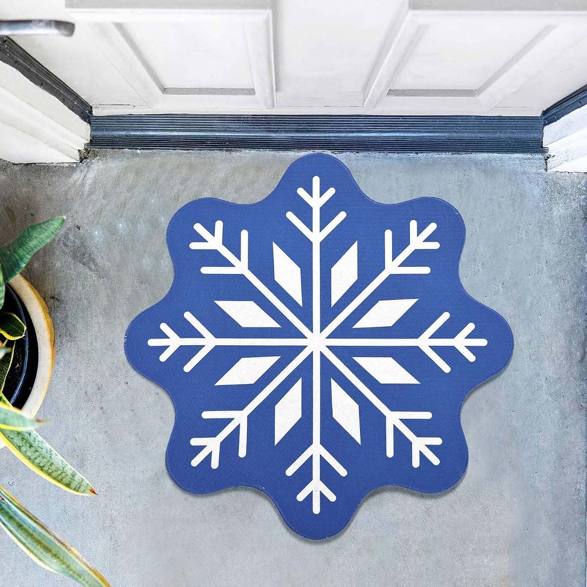 Kelinfong Christmas Snowflake Bathroom Rug, Blue Square Plush Bath Mat