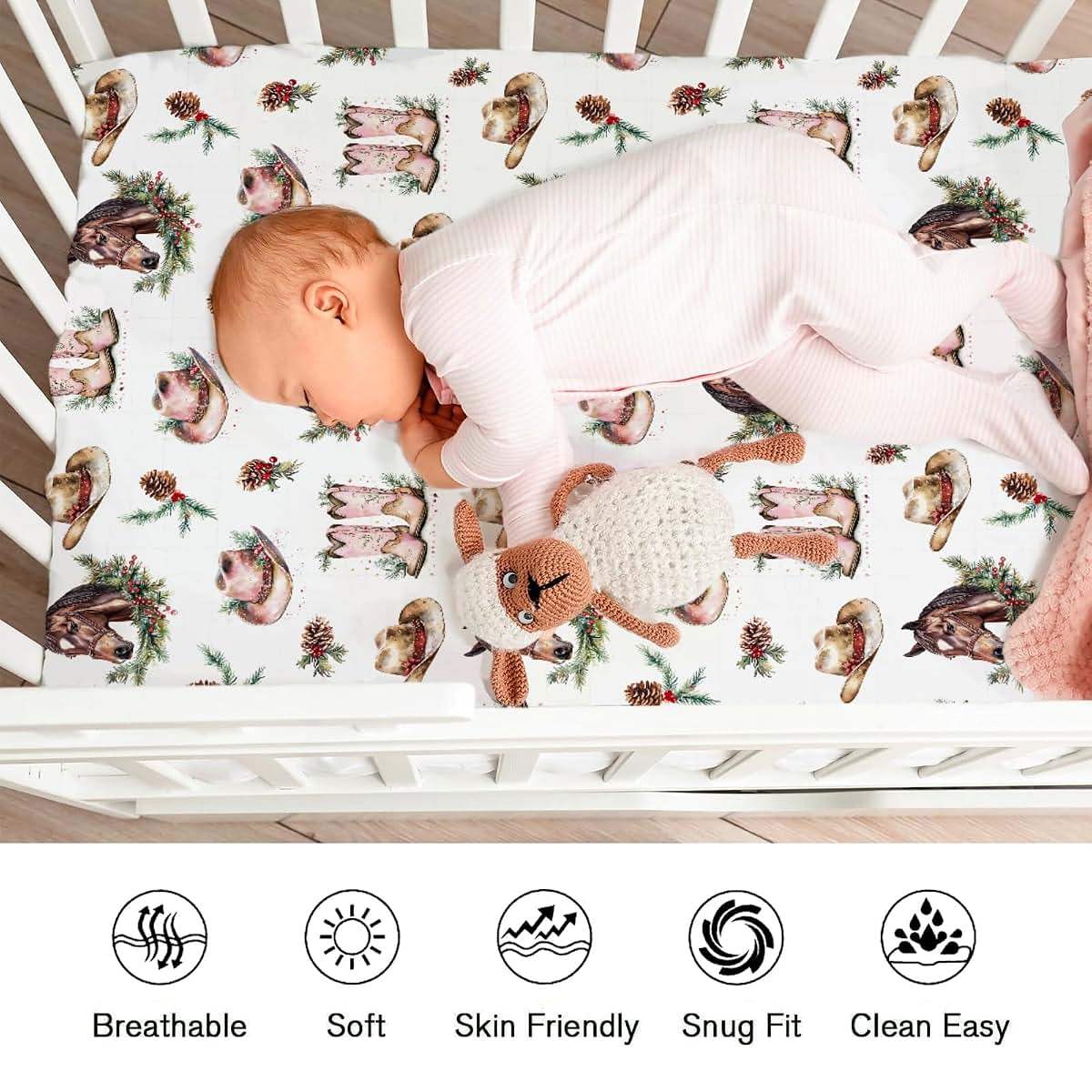KASTLEE Christmas Cowgirl Western Fitted Baby Crib Sheet, 52x28x9 Inches