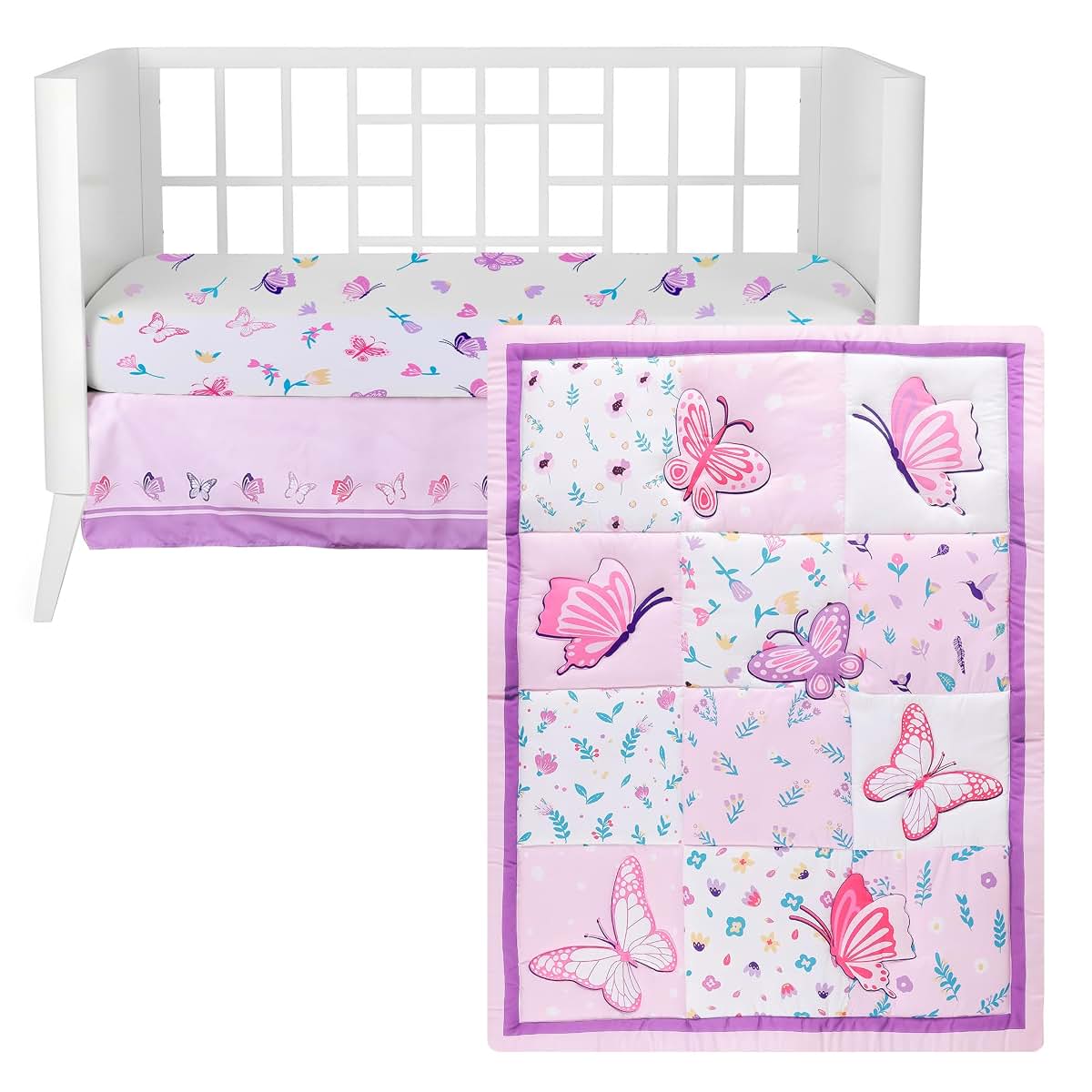 AURAHOMEANDNEST 3-Piece Baby Crib Bedding Set, Butterfly Pattern