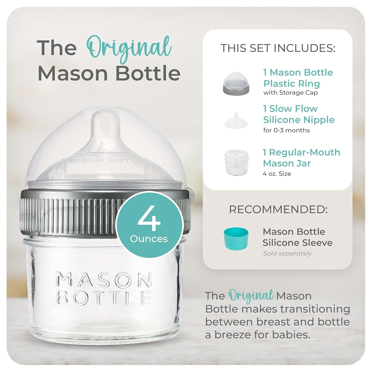 Mason Bottle Baby Glass Bottle With Breast-Like Slow Flow Nipple