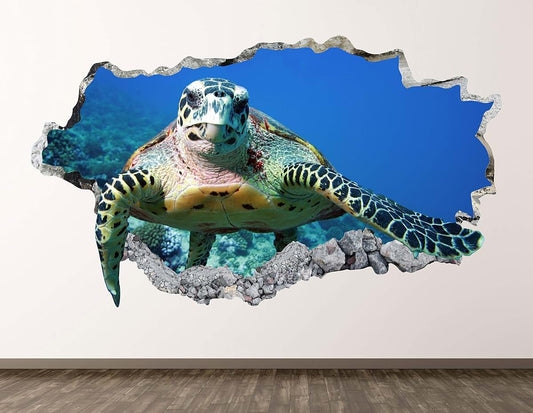 West Mountain Ocean Turtle Wall Decal Art Decor 3D Smashed Animal Sticker Poster Kids Room Mural Custom Gift BL469