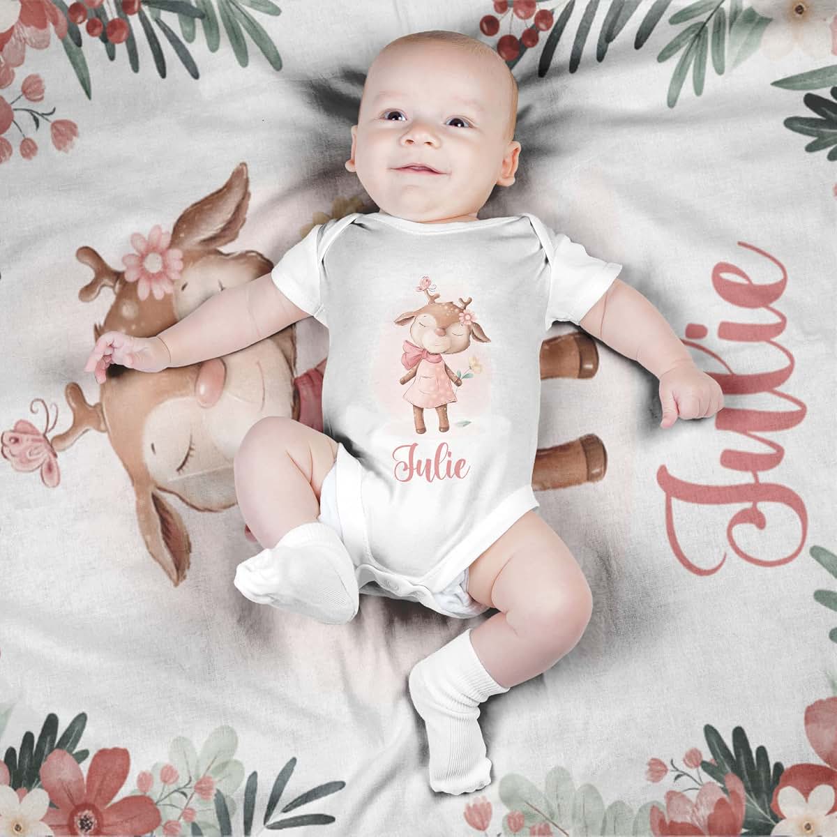 Voz Personalized Baby Blankets with Name, Customized Baby Blankets for Girls- Deer Baby Blanket, Best Gift for Baby (photo 2)