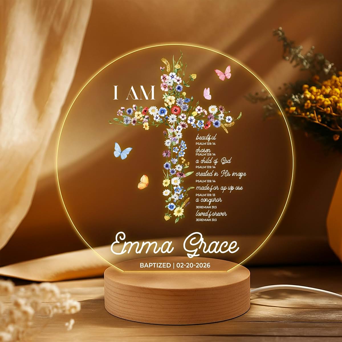 MDPrints Global Personalized Baby Gifts, Personalized Night Light for Kids, Night Light with Wooden Base, Bedroom