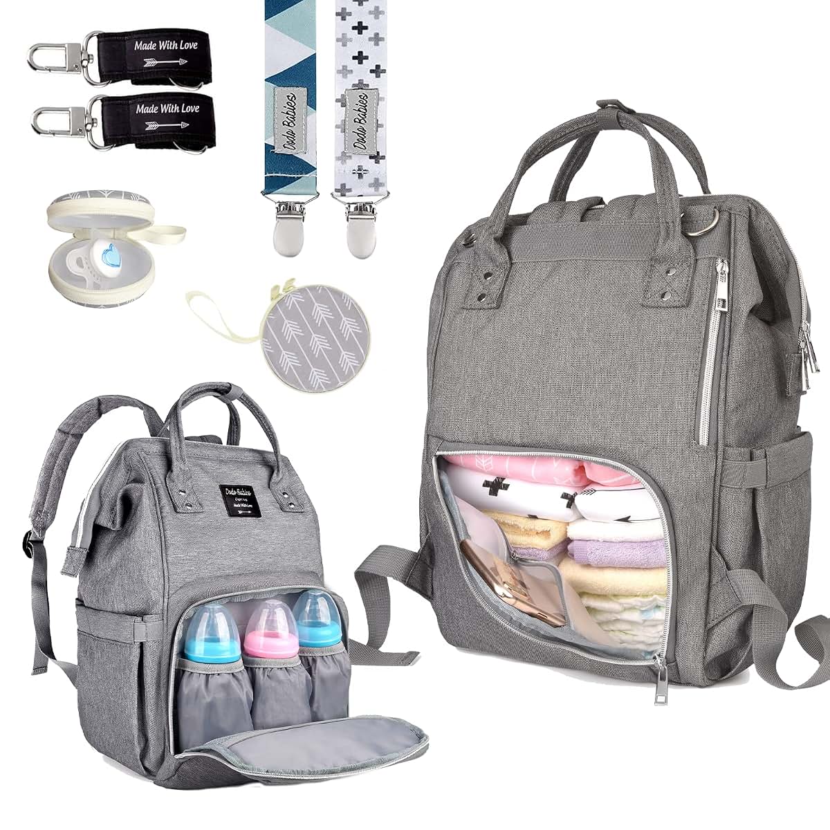 Dodo Babies Diaper Bag Backpack Set with Insulated Pockets, Pacifier Clips & Binky Case (Teal/Grey)