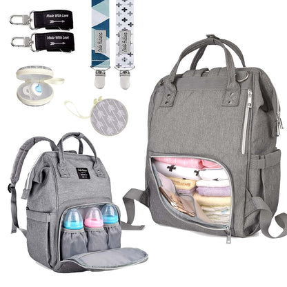 Dodo Babies Diaper Bag Backpack Set with Insulated Pockets, Pacifier Clips & Binky Case (Teal/Grey)