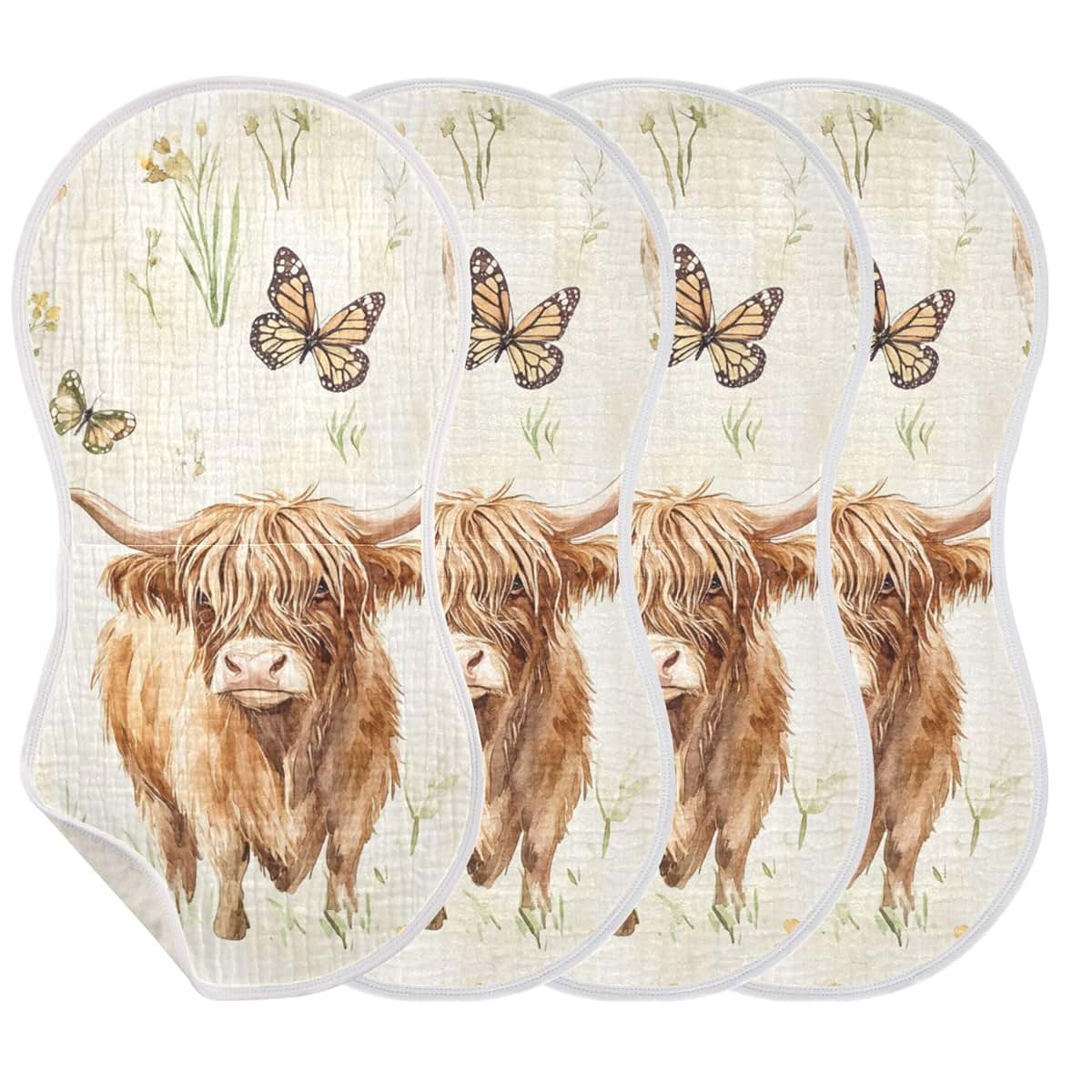 Mazeann Farm Highland Cow Butterfly Burp Cloths, 4 Pack, Cotton with TPU Waterproof Backing
