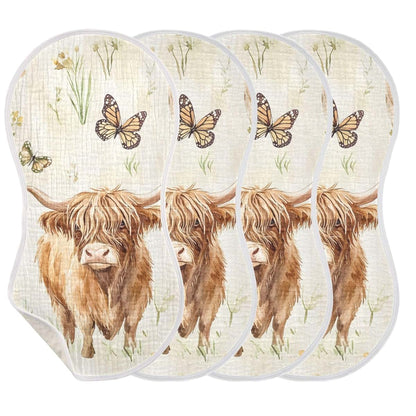 Mazeann Farm Highland Cow Butterfly Burp Cloths, 4 Pack, Cotton with TPU Waterproof Backing