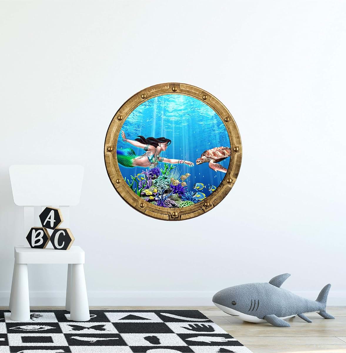 Stickit Graphix 18" Porthole 3D Window Wall Sticker, Mermaid & Sea Turtle