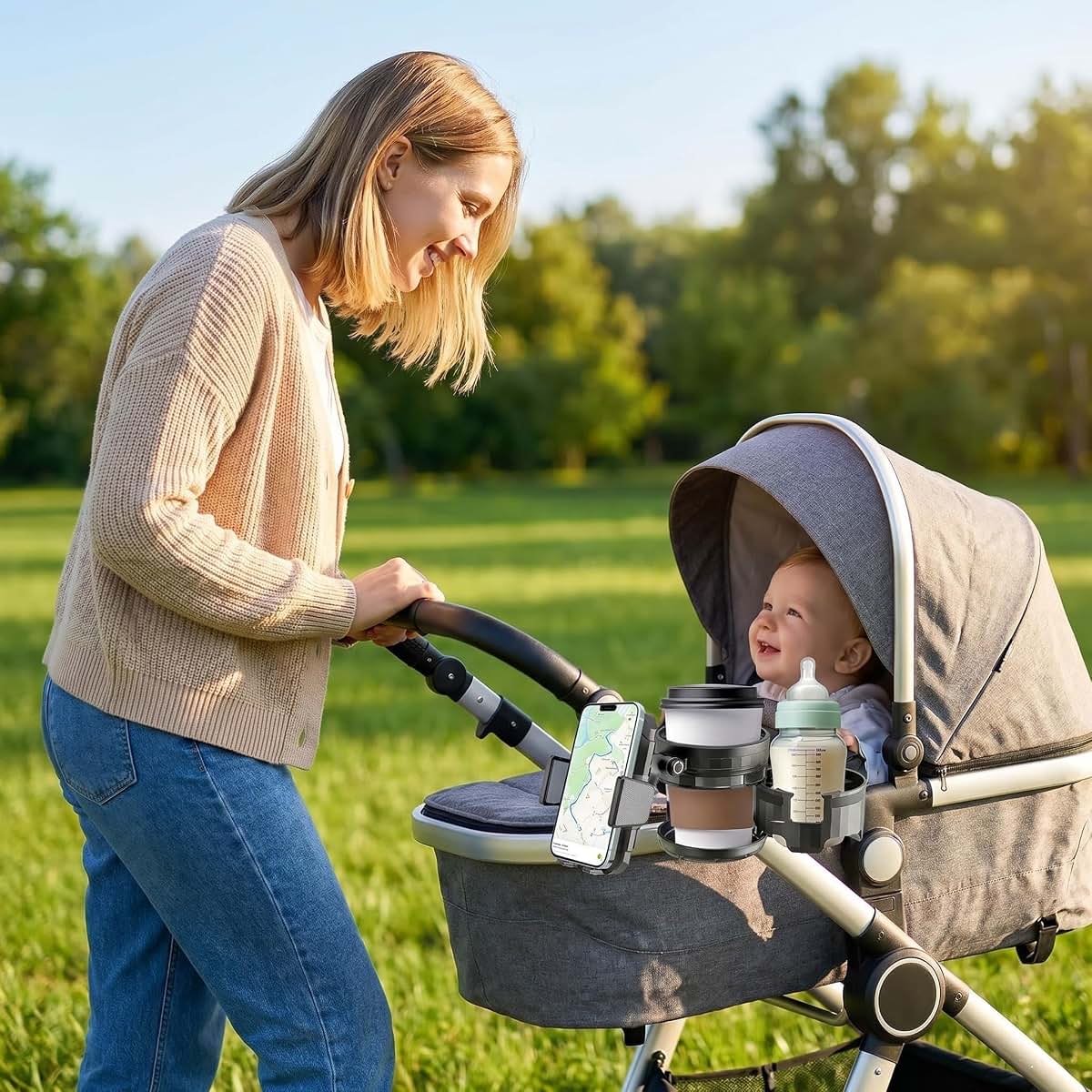 Honghauth 3-in-1 Universal Stroller Cup Holder, 360° Rotatable Phone Holder with Adjustable Single/Double Cup, Fits (photo 2)