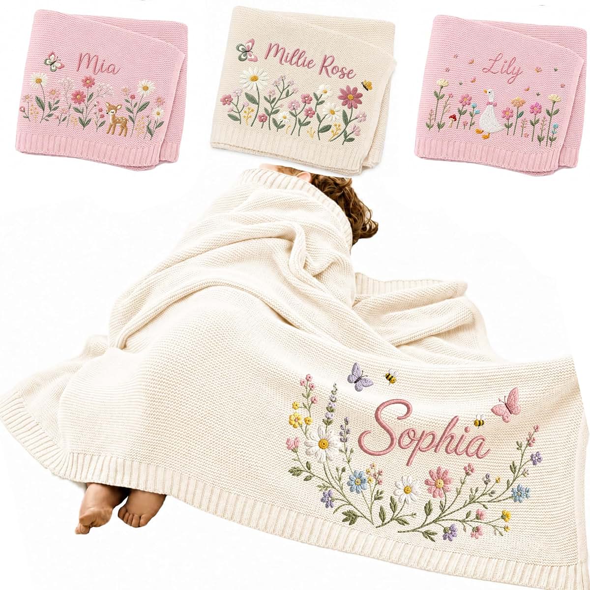 Noni Personalized Baby Blanket Embroidered with Name, Custom Knit Baby Blanket for Girls Boys, Newborn Baby Gift, Gift