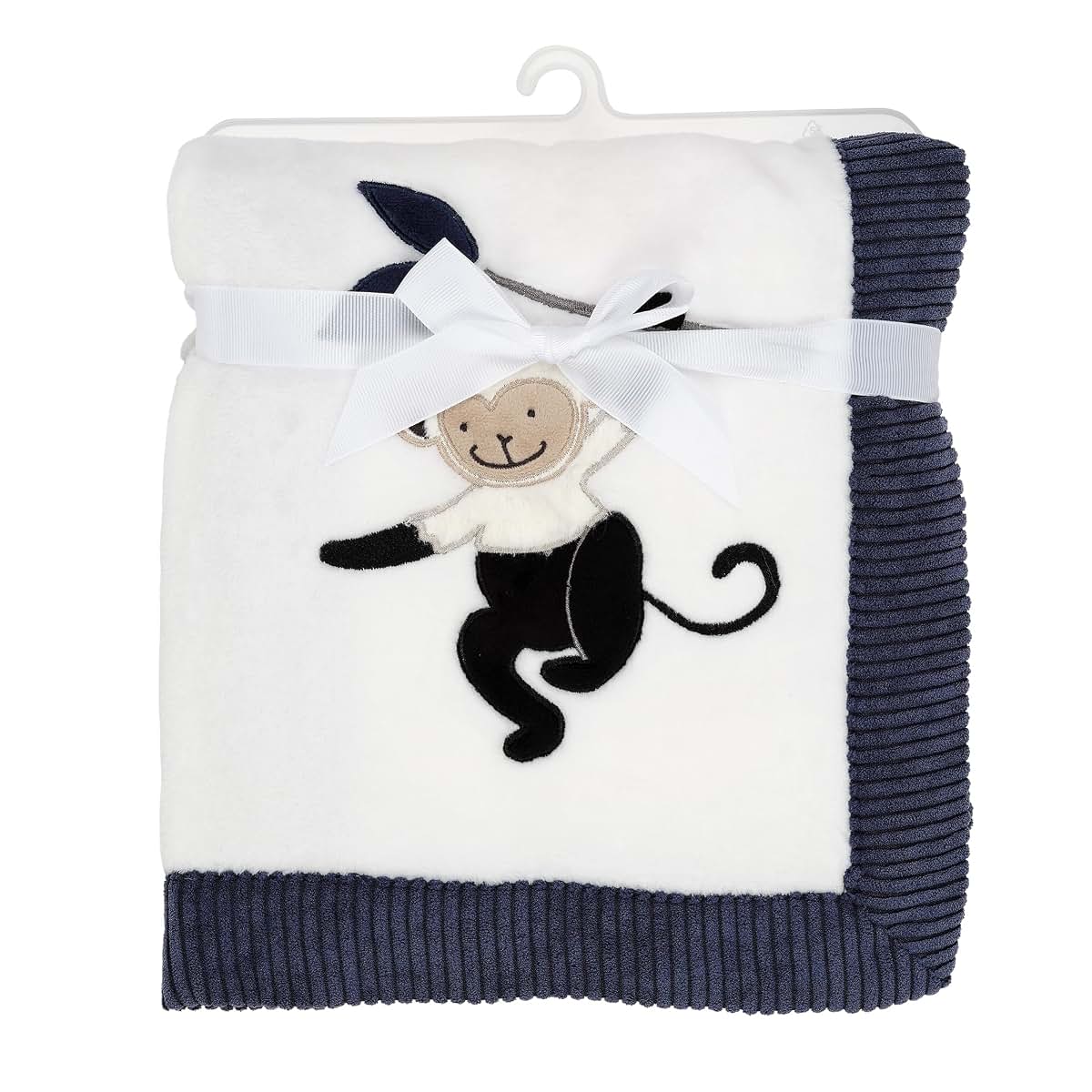 Fleece Baby Blanket - White/Navy Monkey Design for Cuddling
