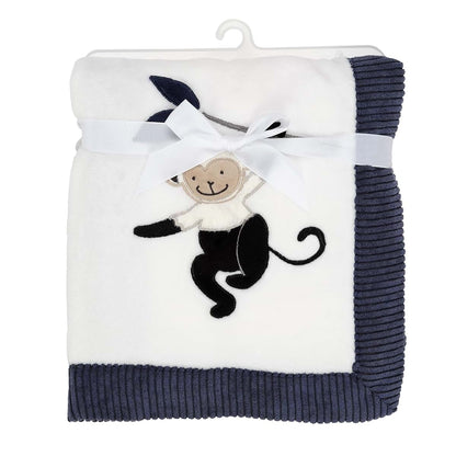 Fleece Baby Blanket - White/Navy Monkey Design for Cuddling
