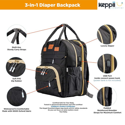keppii essential™ 3-in-1 Diaper Backpack – Waterproof, USB Port, 16 Pockets & Changing Station | CPC Certified (Black) (photo 4)