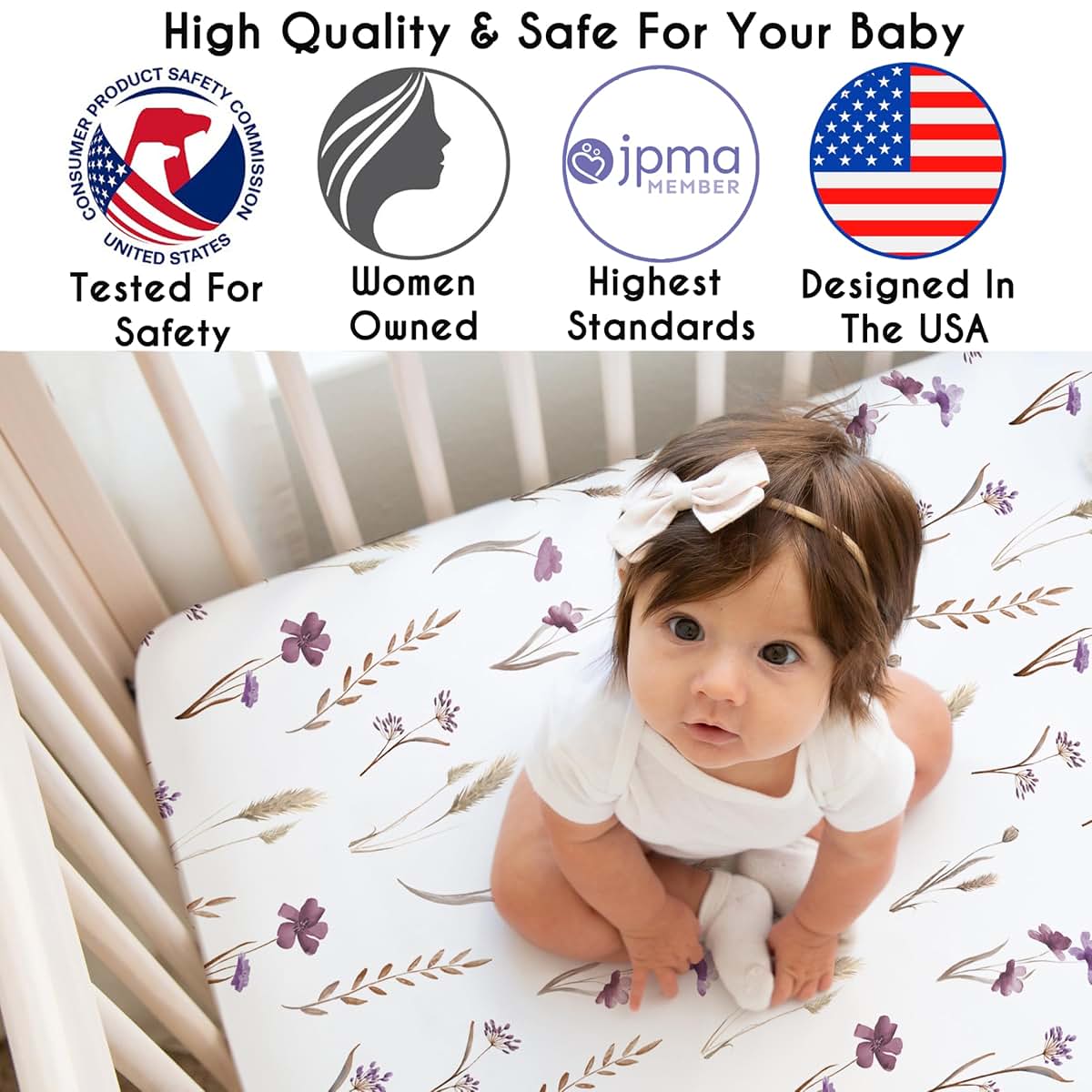 Fitted Baby Crib Sheet – Purple Boho Floral Print for Standard Cribs