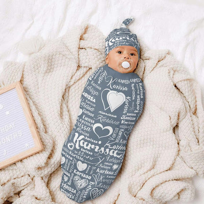 YallLocoMo Custom Swaddle Blanket with Hat Set Newborn Grey Name Text Receiving Blankets Baby Swaddle Wrap Soft Sleep (photo 4)