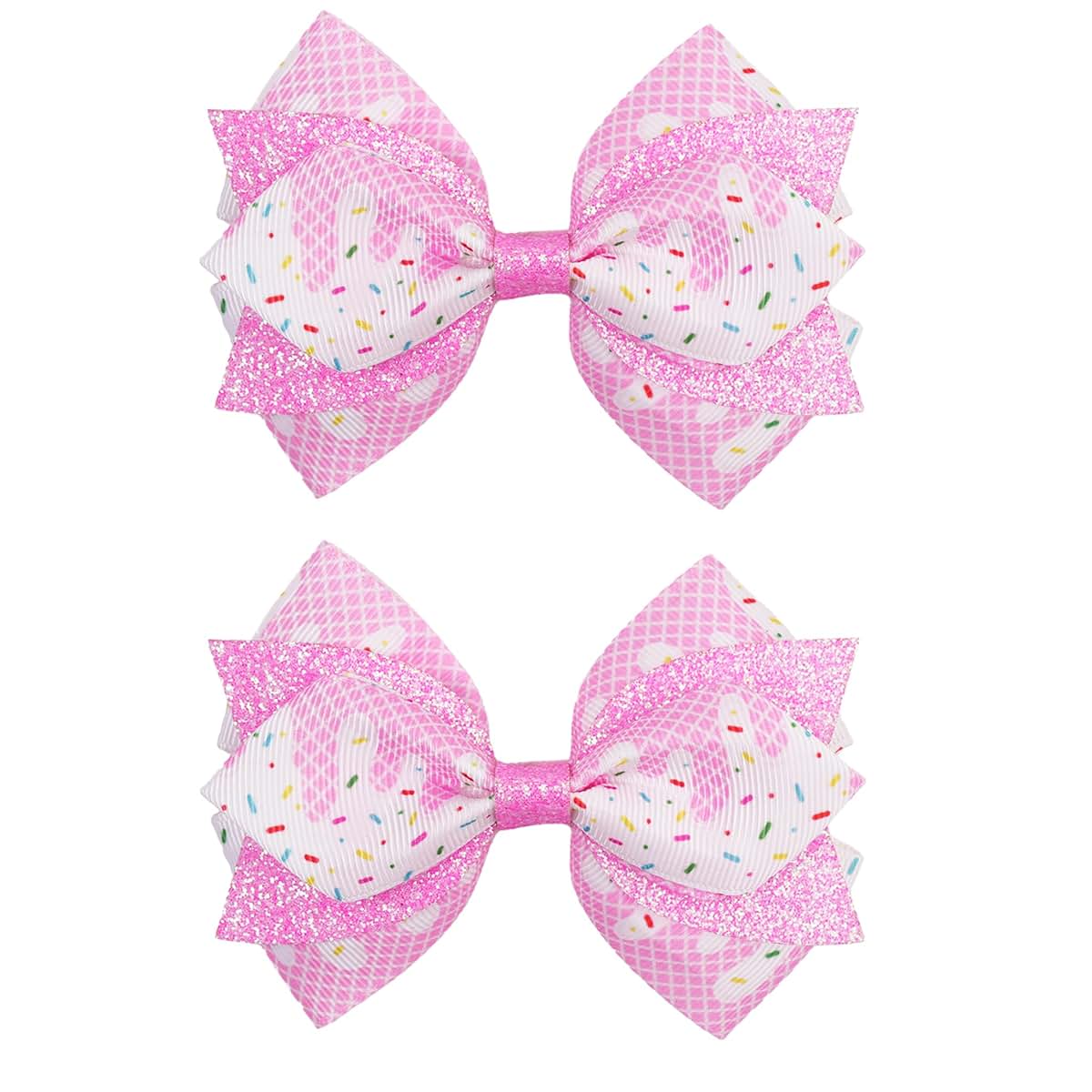 KEXINSTAR 4'' Birthday Hair Bow Clips 2pc Pink Glitter Birthday Bows for Girls Hair Accessories Ice Cream Party Decor