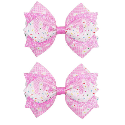 KEXINSTAR 4'' Birthday Hair Bow Clips 2pc Pink Glitter Birthday Bows for Girls Hair Accessories Ice Cream Party Decor