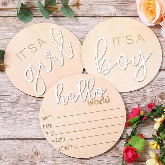 Hadnves Baby Announcement Sign 3PCS It's a Boy/It's a Girl & Hello World Wooden Gender Reveal Plaque for Newborn Birth