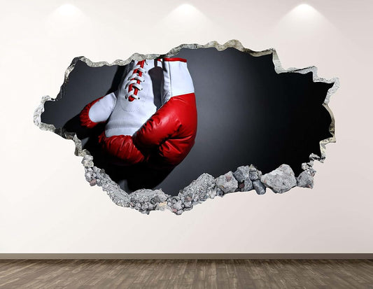 West Mountain Boxing Gloves Wall Decal Art Decor 3D Smashed Sport Sticker Poster Kids Room Mural Custom Gift BL163