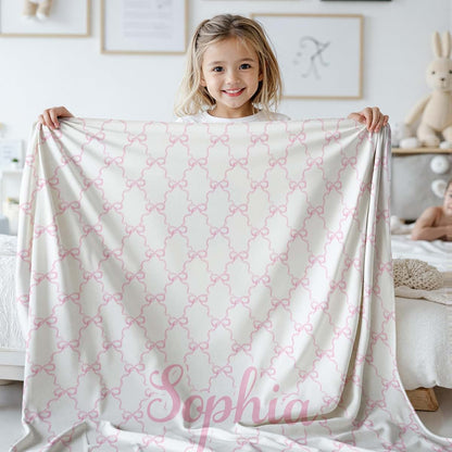 Girls Love A Monogram Personalized Pink Coquette Bow Kids Blanket – Custom Name Throw for Girls – Soft & Stylish Gift
