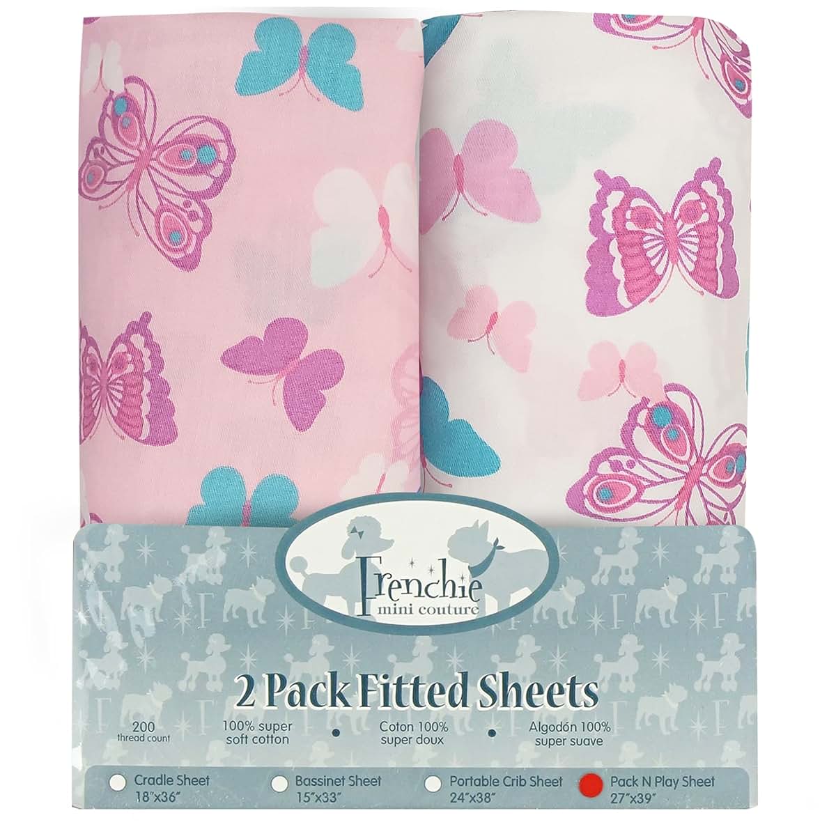 Frenchie Mini Couture, Fitted Pack n Play Sheets, 2 Pack, 100% Woven Cotton, Pack and Play Mattress Sheets, Fits Most