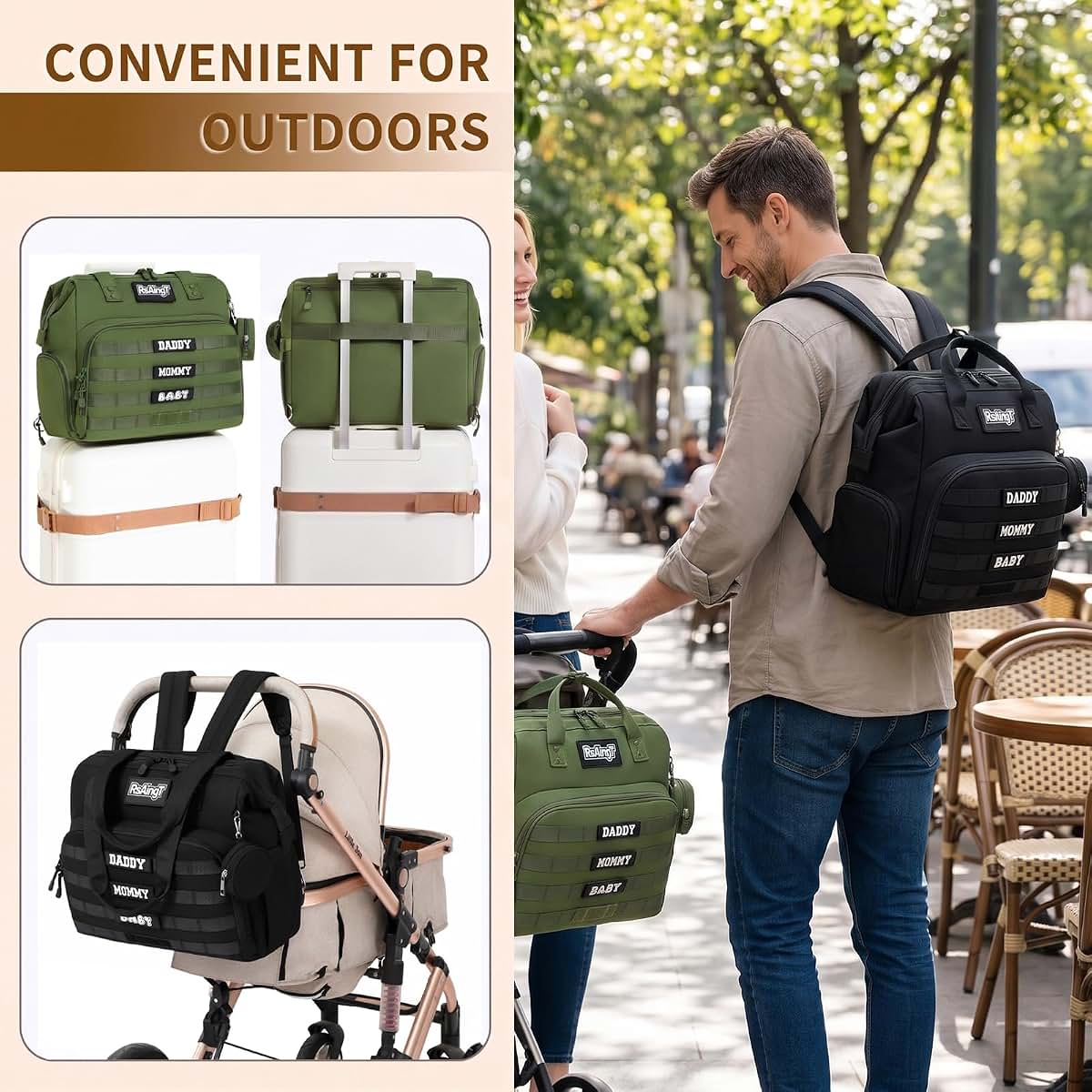 RsAingT Diaper Bag Backpack for Dad, Large Utility Baby Changing Bag with Insulated Bottle Holders(Green)