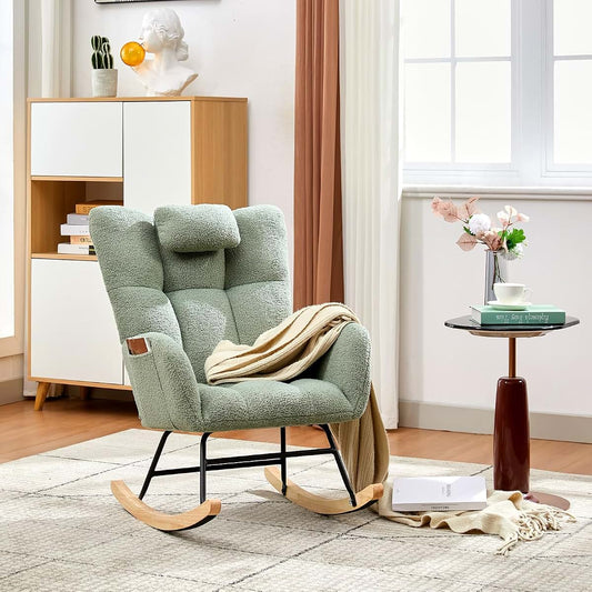 FinerFurnis High Back Soft Fleece Nursery Rocking Chair – Upholstered Glider with Padded Seat, Wooden Legs, Side