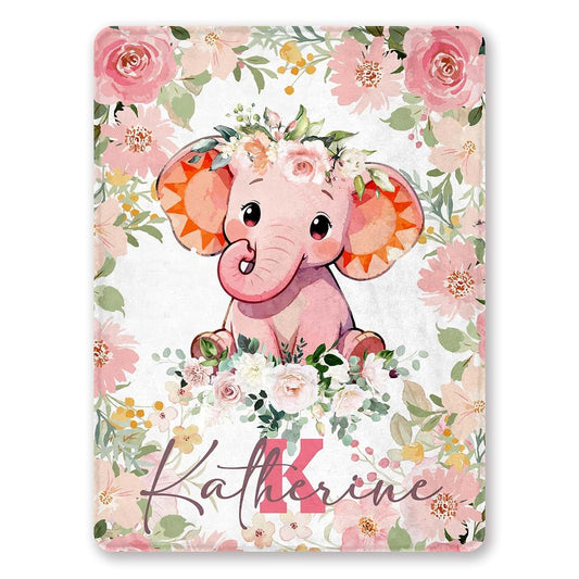 SBQMVGNZ Custom Name Baby Blankets for Girls Boys Pink Floral Elephant Personalized Fleece Throw Blanket, Gifts for