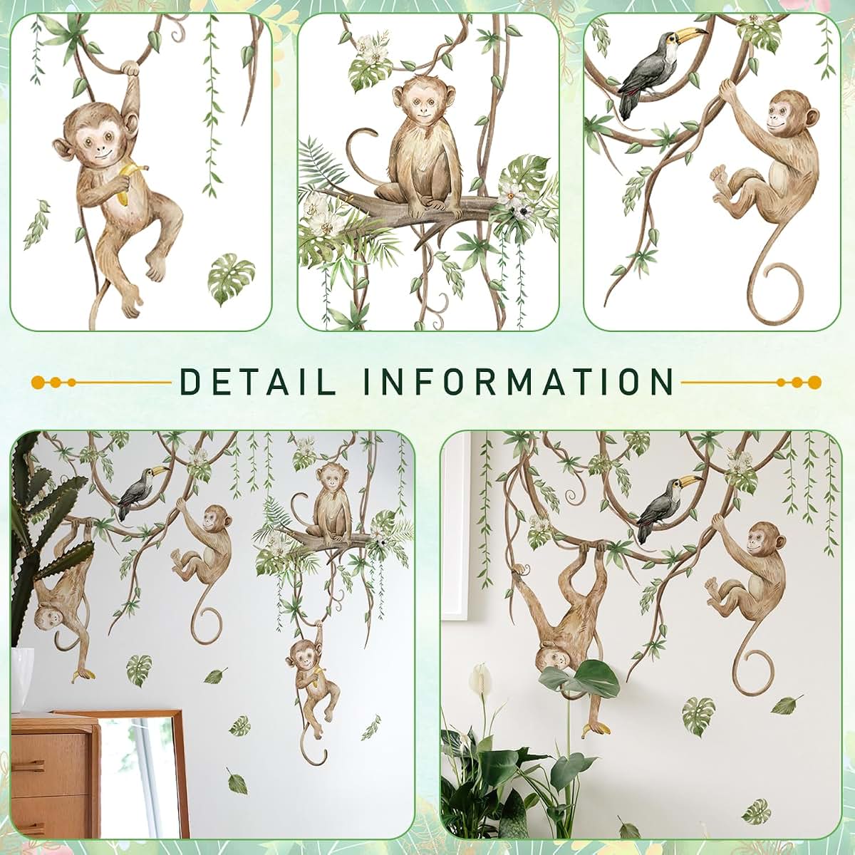BabyOneStop 3D Cartoon Monkeys Climbing Tree Vines Wall Stickers, Removable Peel & Stick Decals for Nursery