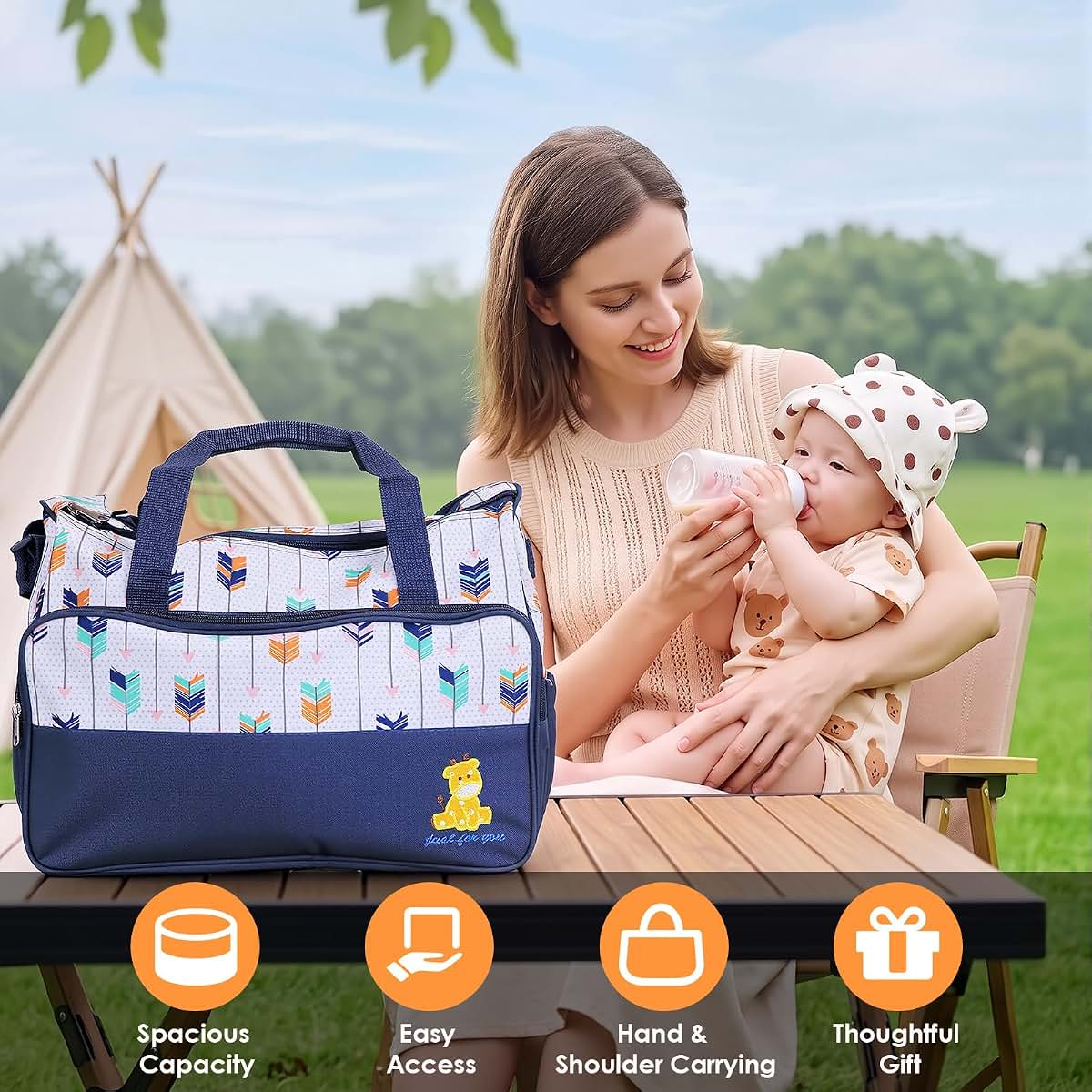 KOCASO 5Pcs Nappy Diaper Bags Set Mummy Diaper Handbags with Diaper Pad Food Bag Bottle Bag Travel Tote Bags For Mom (photo 4)