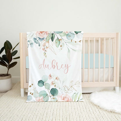 UnoCo Personalized Eucalyptus Baby Blanket, Baby Girl Blanket, Pink Floral Blanket, Eucalyptus Nursery, Floral Crib (photo 4)