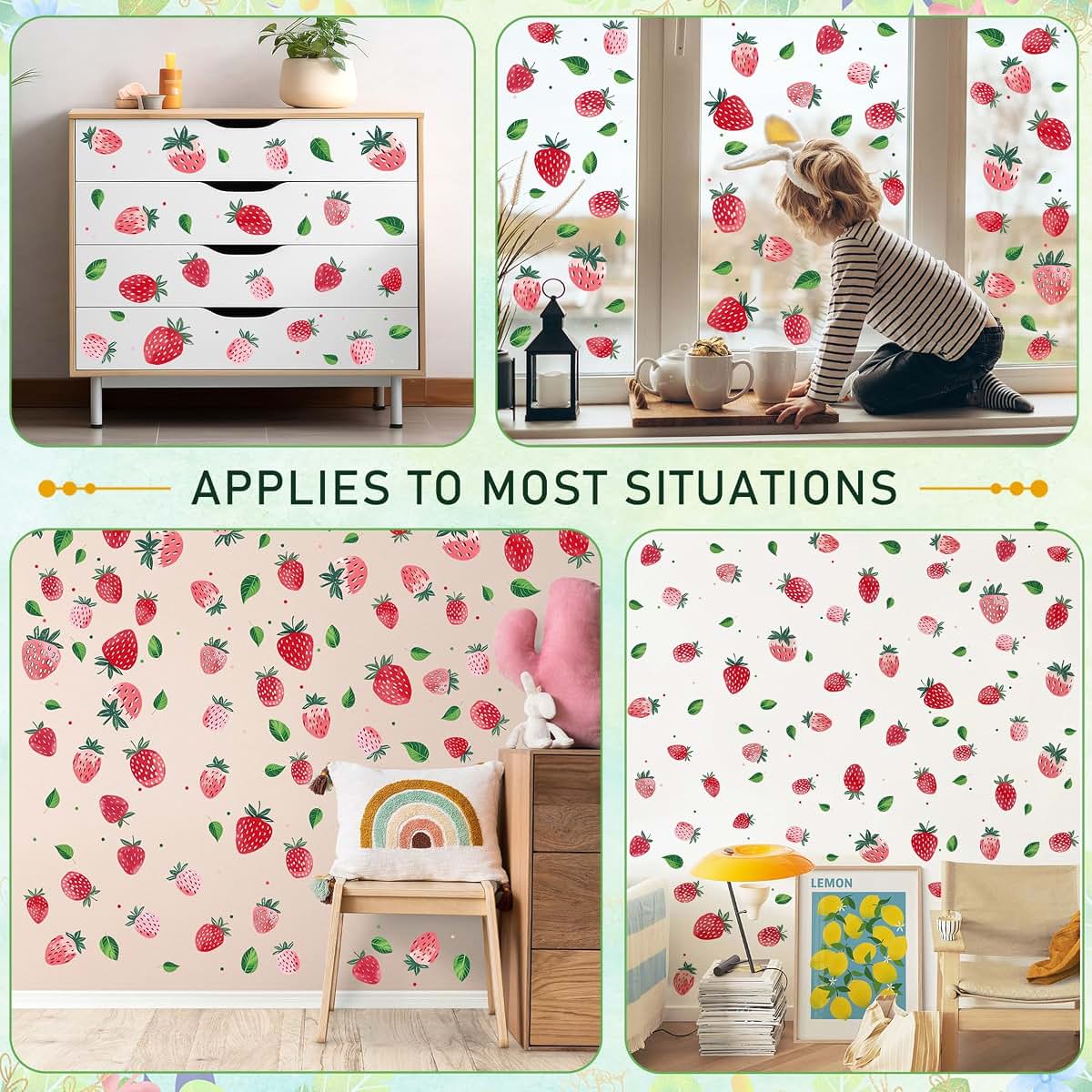 DTLIFEK 4 Sheets Removable Strawberry Wall Decals Red Strawberry with Green Leaves Wall Stickers Peel and Stick Boho