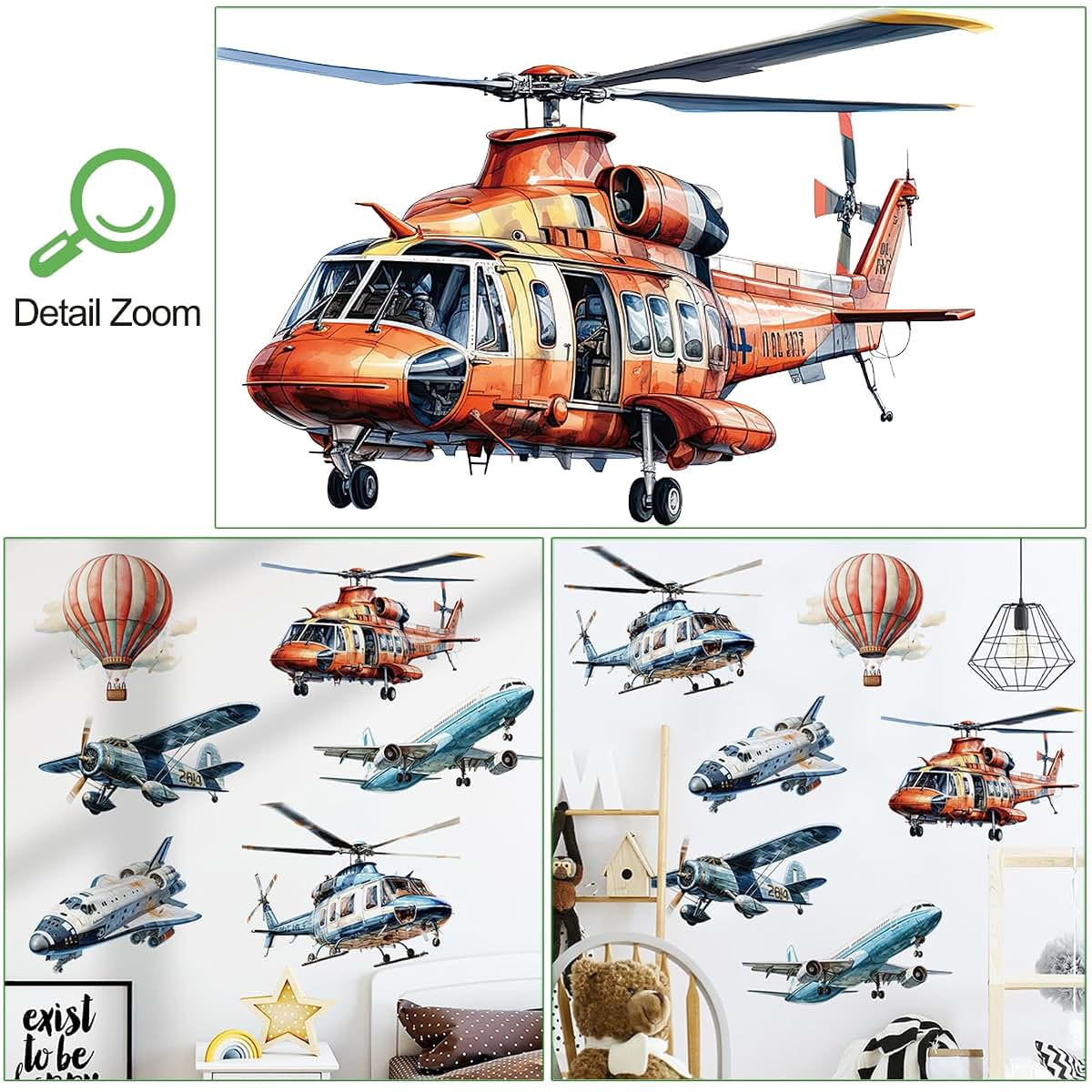 RW-JDFX Airplane and Hot Air Balloon Wall Decals Peel and Stick Vinyl Decor for Nursery