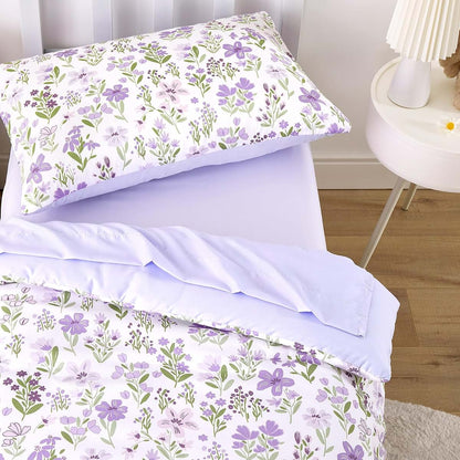 Wake In Cloud Floral Toddler Bedding Set 4 Piece Purple White