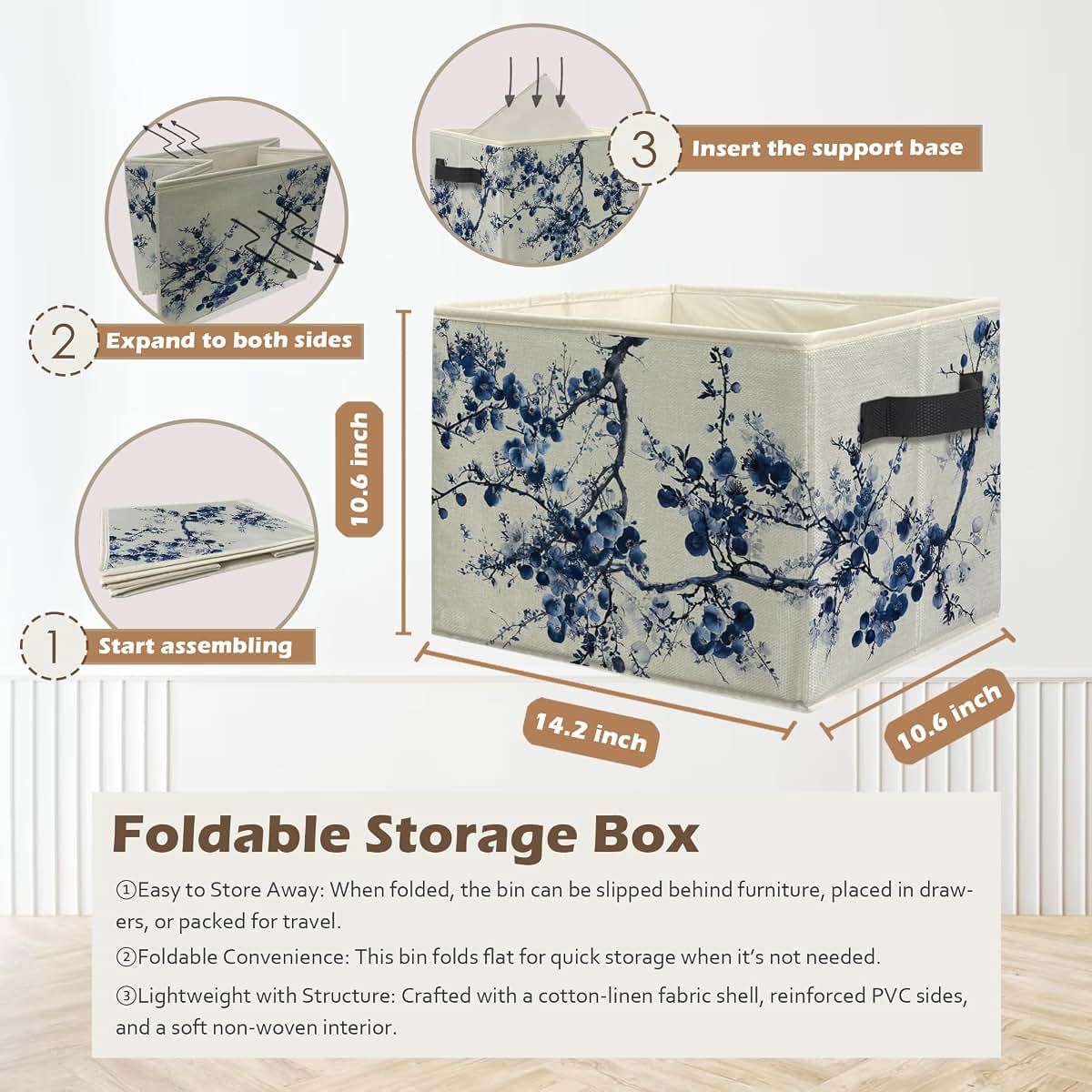 Ghoaoivo Chinoiserie Blue Floral Storage Box Bin for Clothes and Decor