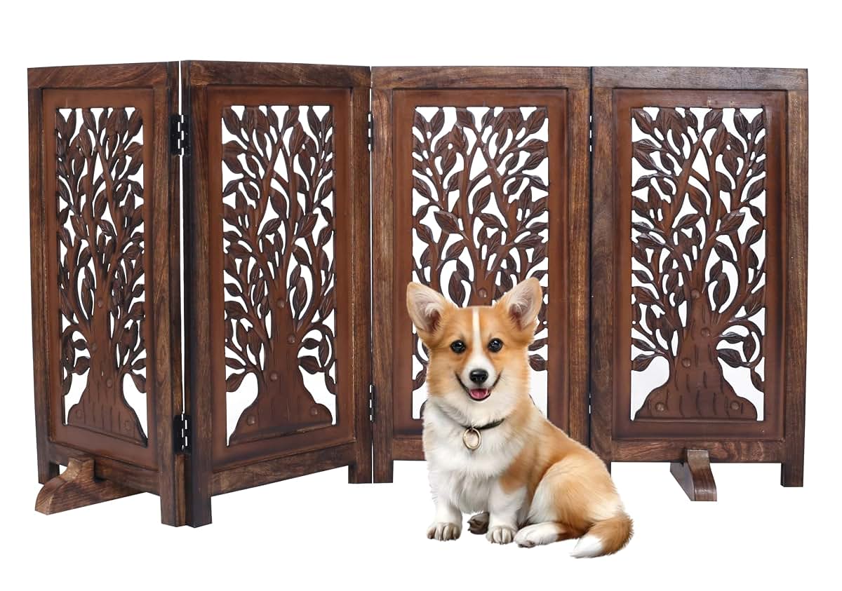 Woodify Dog Gate 4 Panel Free Standing Folding Pet Gate, 56x28 - Natural Burnt